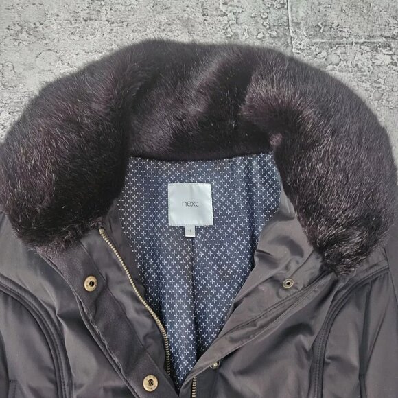 Next Women Jacket Winter Warm Long Coat Faux Fur Collared W Belt Size 12UK - Picture 10 of 12